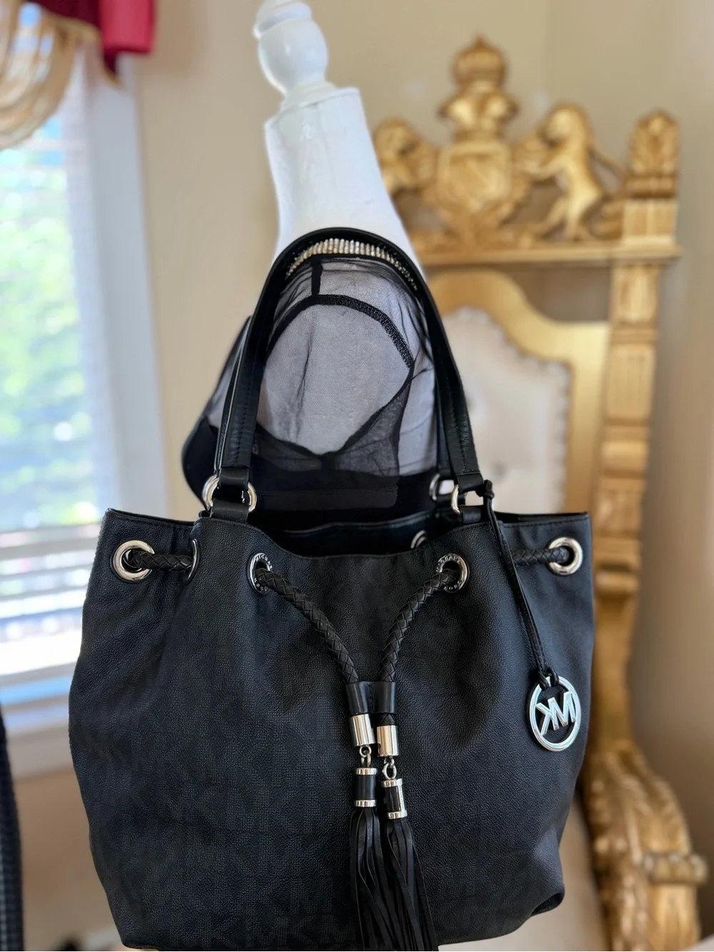Michael Kors Black Shoulder Drawstring Tote with Tassel  and Wallet (pre owned)